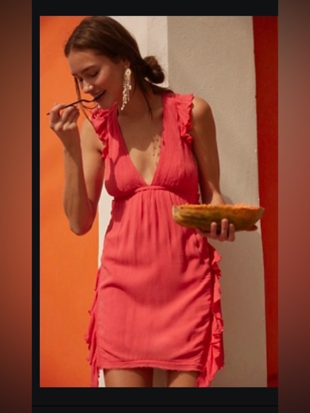 Free People Coral V-Neck Ruffle Mini Dress